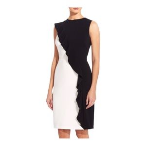 ❣️Adrianna Papell Black & White Stretch Crepe Sheath Ruffle Cocktail Party Dress